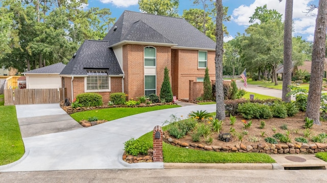 3911 Misty Gardens Ct, Kingwood, TX 77339 - view of front of house featuring brick siding, roof with shingles, and curved driveway