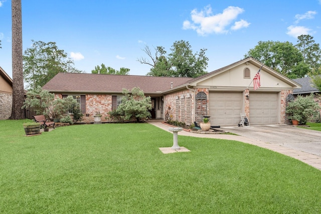 23826 Farm Hill Rd, Spring, TX 77373 - ranch-style house with an attached garage, brick siding, concrete driveway, and a front yard