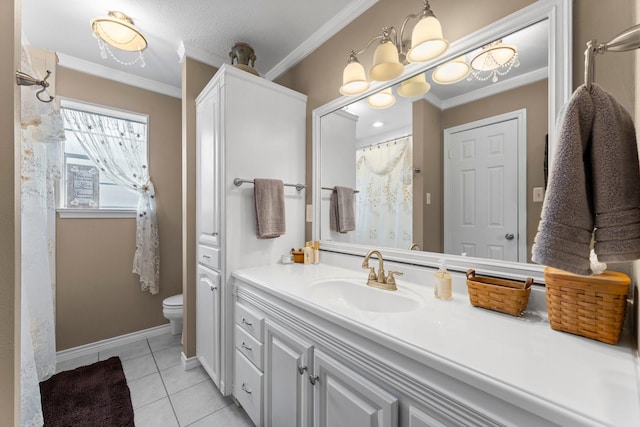 23826 Farm Hill Rd, Spring, TX 77373 - bathroom featuring vanity, toilet, tile patterned floors, ornamental molding, and baseboards