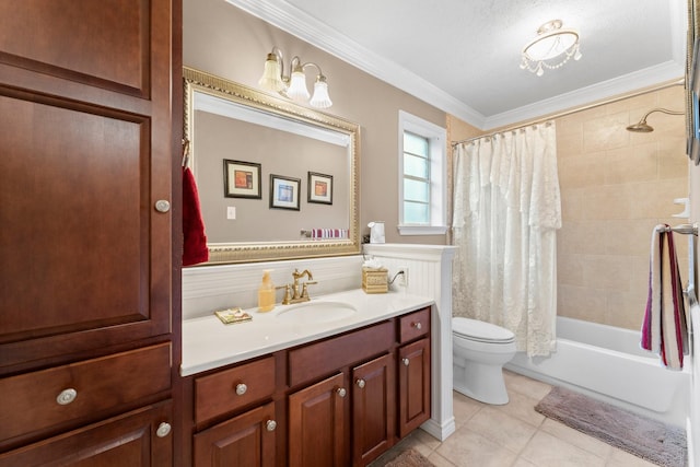 23826 Farm Hill Rd, Spring, TX 77373 - full bathroom featuring toilet, vanity, shower / bath combination with curtain, ornamental molding, and tile patterned flooring