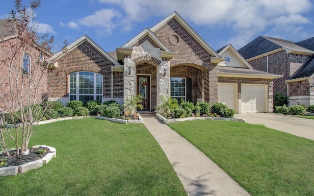 4419 Rolling Field Ln, Sugar Land, TX 77479 - french country home featuring brick siding, an attached garage, and a front lawn