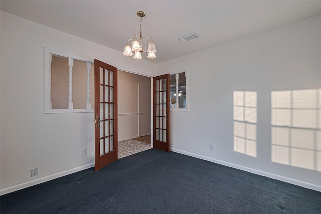 4210 Mona Lee Ln, Houston, TX 77080 - empty room with french doors, dark colored carpet, a chandelier, and baseboards