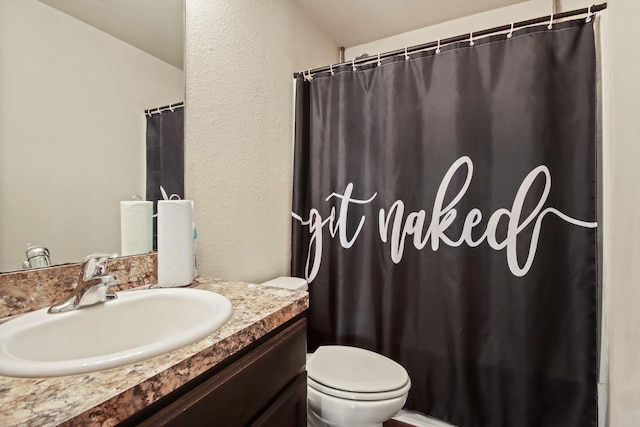 24402 Yellow Thyme Dr, Spring, TX 77373 - full bathroom with toilet, vanity, a textured wall, and a shower with curtain
