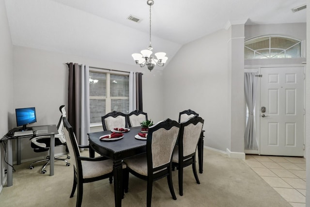 5023 Rocky Manor Ln, Katy, TX 77449 - dining space featuring a chandelier, light colored carpet, lofted ceiling, baseboards, and healthy amount of natural light