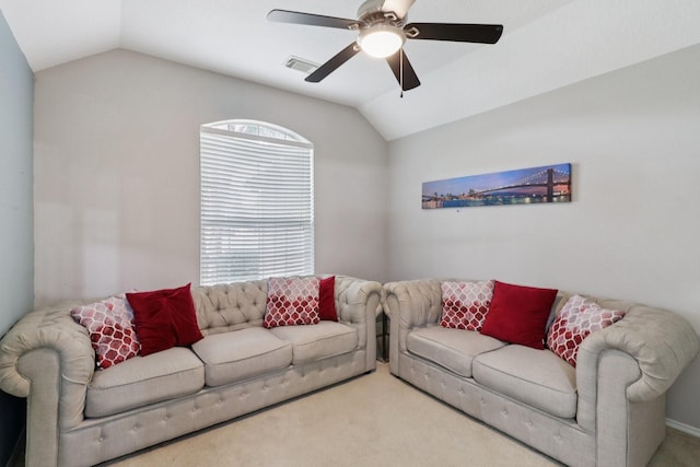 5023 Rocky Manor Ln, Katy, TX 77449 - living room with lofted ceiling, carpet, and ceiling fan