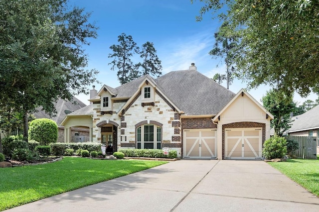 266 Overland Trce, Montgomery, TX 77316 - french country inspired facade with a chimney, driveway, a garage, and stone siding