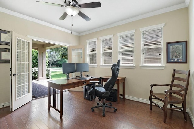 266 Overland Trce, Montgomery, TX 77316 - office with wood finished floors, ceiling fan, baseboards, and ornamental molding