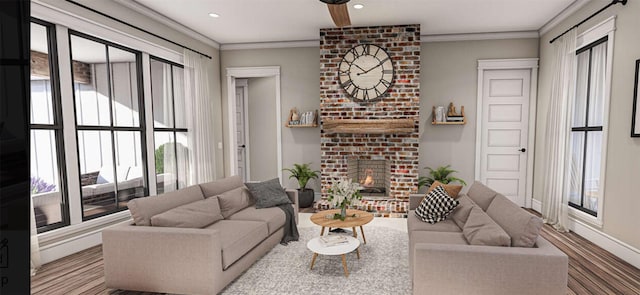 1403 E Morris St, Madisonville, TX 77864 - living area featuring a brick fireplace, ornamental molding, baseboards, and recessed lighting
