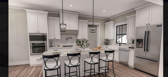 1403 E Morris St, Madisonville, TX 77864 - kitchen with appliances with stainless steel finishes, recessed lighting, a sink, a kitchen breakfast bar, and tasteful backsplash