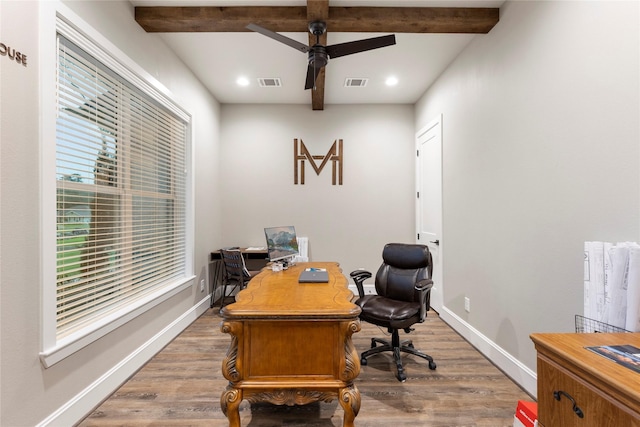 19817 Whispering Creek Trl, Magnolia, TX 77355 - office featuring wood finished floors, ceiling fan, recessed lighting, beamed ceiling, and baseboards