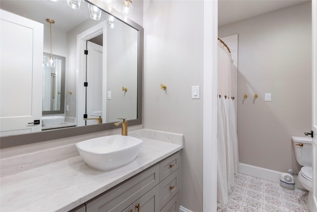 19817 Whispering Creek Trl, Magnolia, TX 77355 - full bathroom featuring toilet, vanity, tile patterned floors, baseboards, and a shower with shower curtain