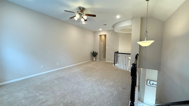 3021 Rocky Point Dr, Pearland, TX 77584 - unfurnished room featuring a ceiling fan, light carpet, baseboards, recessed lighting, and lofted ceiling