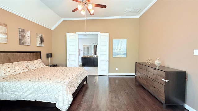 3021 Rocky Point Dr, Pearland, TX 77584 - bedroom with dark wood-type flooring, ornamental molding, baseboards, lofted ceiling, and ensuite bathroom