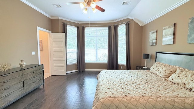 3021 Rocky Point Dr, Pearland, TX 77584 - bedroom featuring dark wood-style floors, crown molding, baseboards, and a ceiling fan