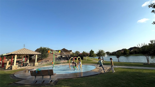 3021 Rocky Point Dr, Pearland, TX 77584 - view of community with a gazebo, a lawn, and a water view