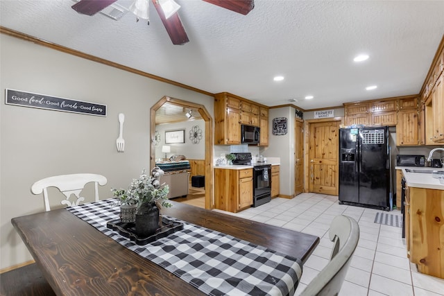 881 County Road 2276, Cleveland, TX 77327 - dining area with ceiling fan, recessed lighting, ornamental molding, a textured ceiling, and light tile patterned flooring
