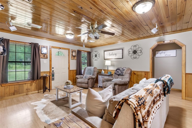 881 County Road 2276, Cleveland, TX 77327 - living room with wainscoting, wooden ceiling, wood walls, light wood-type flooring, and ornamental molding
