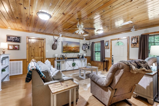 881 County Road 2276, Cleveland, TX 77327 - living room with wainscoting, wood ceiling, a ceiling fan, light wood-style flooring, and ornamental molding