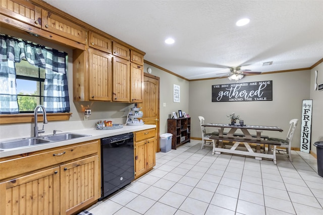 881 County Road 2276, Cleveland, TX 77327 - kitchen with black dishwasher, a sink, crown molding, light countertops, and ceiling fan