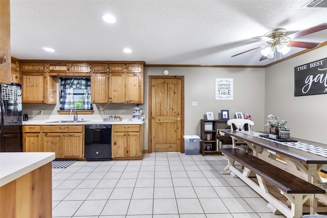 881 County Road 2276, Cleveland, TX 77327 - kitchen with black appliances, light countertops, ceiling fan, a sink, and a textured ceiling