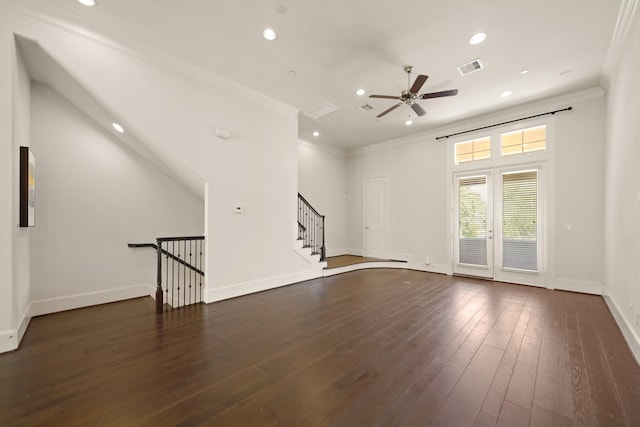 1317 Roy St, Houston, TX 77007 - unfurnished living room featuring recessed lighting, ornamental molding, ceiling fan, dark wood-type flooring, and baseboards