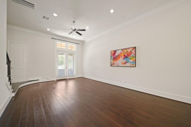 1317 Roy St, Houston, TX 77007 - unfurnished living room with a ceiling fan, ornamental molding, recessed lighting, dark wood-style floors, and baseboards