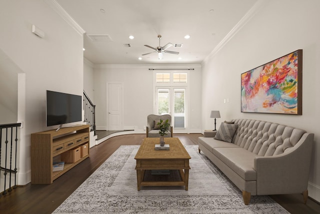1317 Roy St, Houston, TX 77007 - living room featuring ceiling fan, recessed lighting, ornamental molding, dark wood-style flooring, and stairs