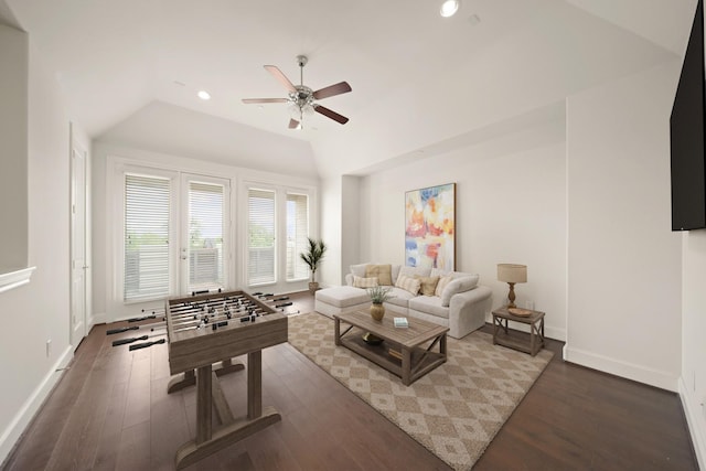 1317 Roy St, Houston, TX 77007 - recreation room with ceiling fan, vaulted ceiling, baseboards, wood finished floors, and recessed lighting