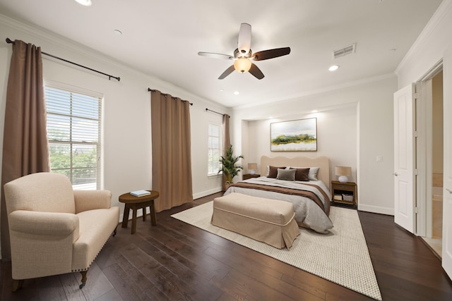 1317 Roy St, Houston, TX 77007 - bedroom with crown molding, dark wood-style floors, ceiling fan, baseboards, and recessed lighting