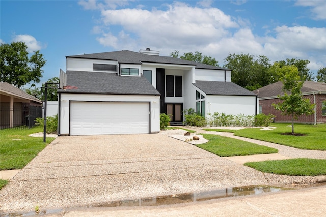 12203 Ashley Circle Dr E, Houston, TX 77071 - view of front facade with a garage, concrete driveway, stucco siding, a front lawn, and a shingled roof