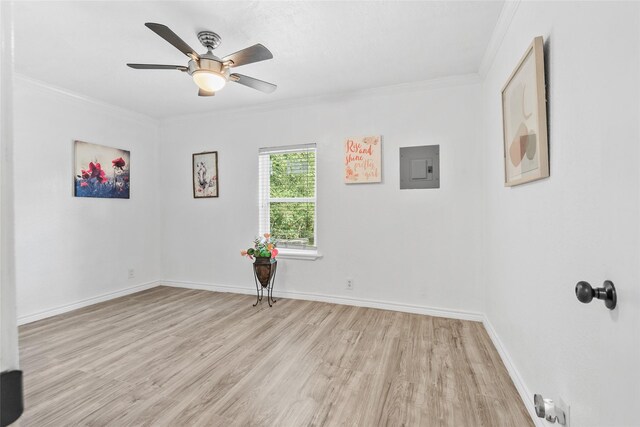 7650 US Highway 69 S, Woodville, TX 75979 - empty room featuring light wood finished floors, crown molding, electric panel, and ceiling fan