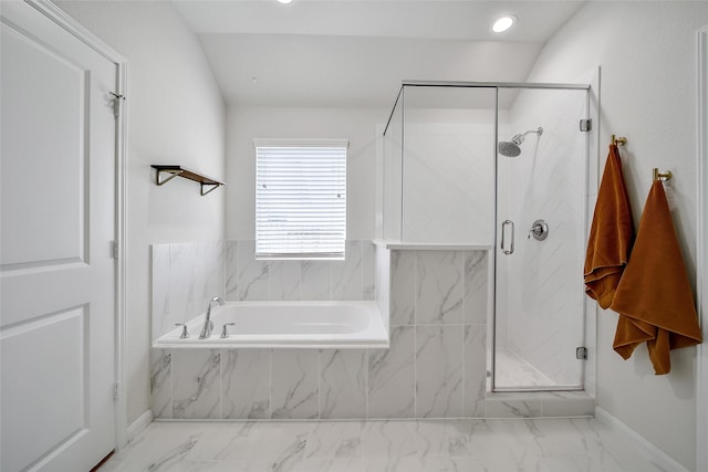 2331 Hagerman Rd, Conroe, TX 77384 - full bath featuring marble finish flooring, a garden tub, a marble finish shower, baseboards, and recessed lighting