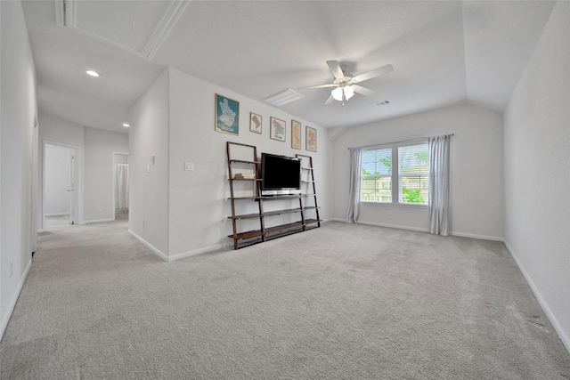 2331 Hagerman Rd, Conroe, TX 77384 - unfurnished living room with a ceiling fan, attic access, carpet, baseboards, and recessed lighting