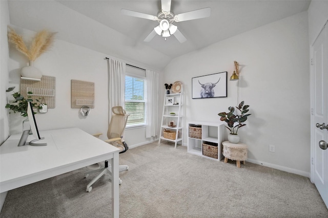 2331 Hagerman Rd, Conroe, TX 77384 - office area with baseboards, carpet floors, ceiling fan, and lofted ceiling