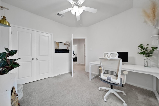 2331 Hagerman Rd, Conroe, TX 77384 - office featuring carpet floors, a ceiling fan, and baseboards