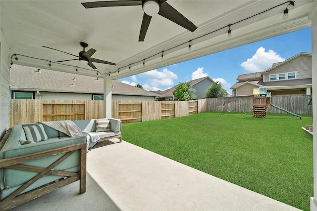 2331 Hagerman Rd, Conroe, TX 77384 - view of patio / terrace featuring a ceiling fan, outdoor lounge area, and a playground