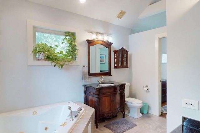 2737 Werlein Ave, Houston, TX 77005 - full bathroom featuring a jetted tub, vanity, toilet, tile patterned flooring, and lofted ceiling