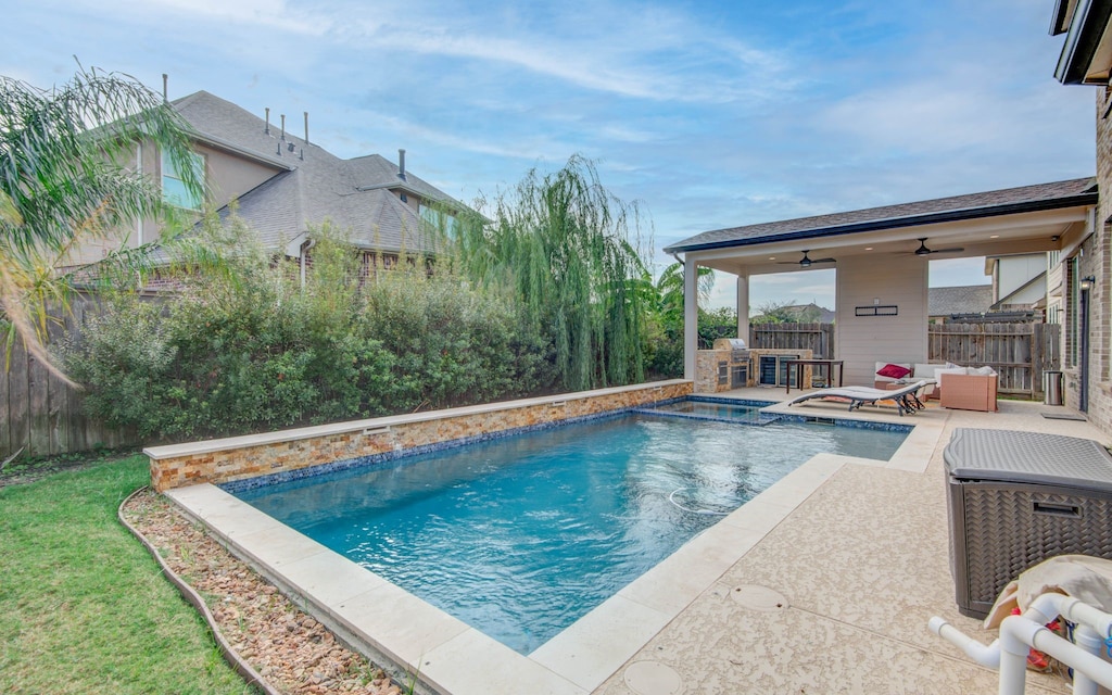 23527 San Ricci Ct, Richmond, TX 77406 - view of swimming pool with ceiling fan, a fenced backyard, and a patio area