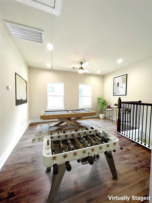 10516 Exeter St, Houston, TX 77093 - rec room featuring wood finished floors, recessed lighting, ceiling fan, and attic access