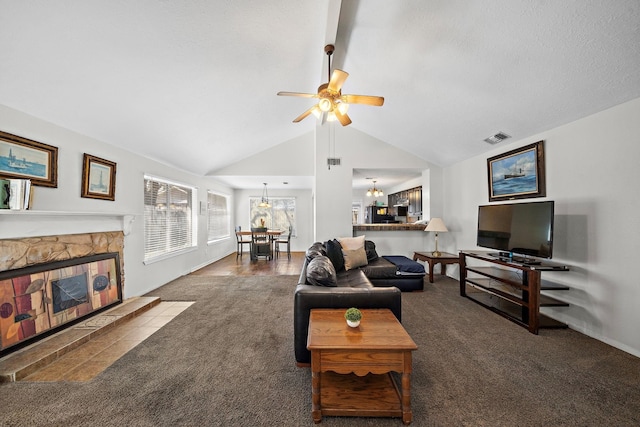 22303 Acorn Chase Dr, Spring, TX 77389 - living room with carpet flooring, ceiling fan, and a tiled fireplace