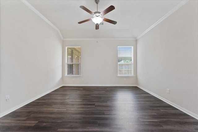 25303 Hawthorne Blossom Dr, Spring, TX 77389 - unfurnished room with a ceiling fan, crown molding, dark wood finished floors, lofted ceiling, and baseboards