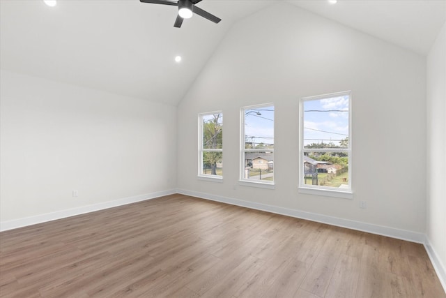 5306 San Juan St, Houston, TX 77020 - additional living space featuring high vaulted ceiling, recessed lighting, ceiling fan, baseboards, and light wood-type flooring