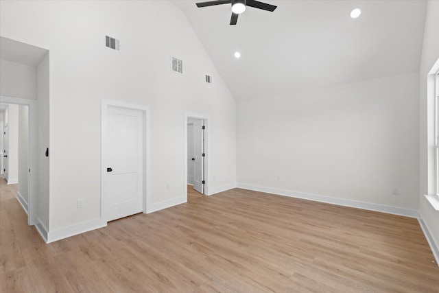 5306 San Juan St, Houston, TX 77020 - unfurnished bedroom featuring high vaulted ceiling, baseboards, light wood-style floors, recessed lighting, and a ceiling fan