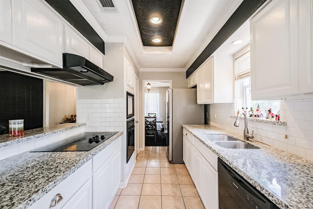 1510 Elmscott Dr, Sugar Land, TX 77498 - kitchen featuring a sink, black appliances, extractor fan, ornamental molding, and white cabinets