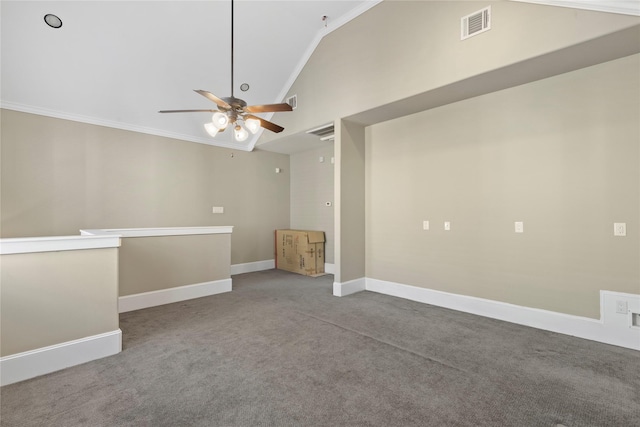 428 W 26th St, Houston, TX 77008 - carpeted spare room featuring ceiling fan, crown molding, baseboards, and high vaulted ceiling