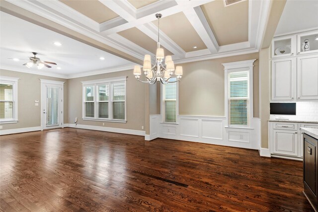 428 W 26th St, Houston, TX 77008 - unfurnished dining area with healthy amount of natural light, a chandelier, dark wood-type flooring, ornamental molding, and beamed ceiling