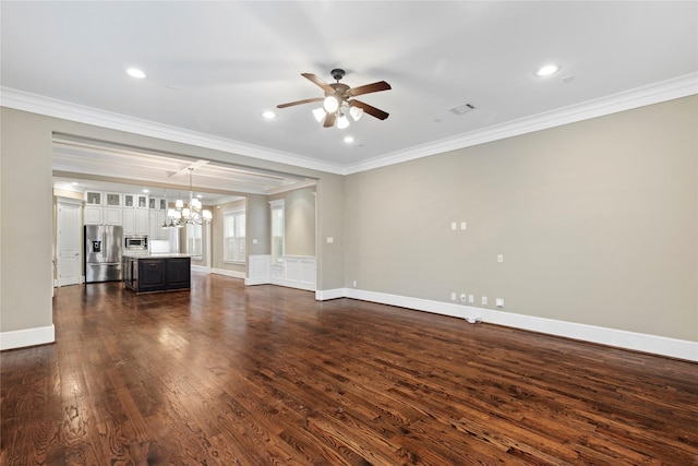 428 W 26th St, Houston, TX 77008 - unfurnished living room featuring a chandelier, ornamental molding, ceiling fan, dark wood-style floors, and baseboards