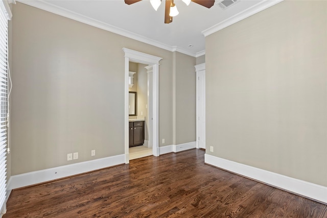 428 W 26th St, Houston, TX 77008 - empty room with ceiling fan, crown molding, dark wood-style floors, and baseboards