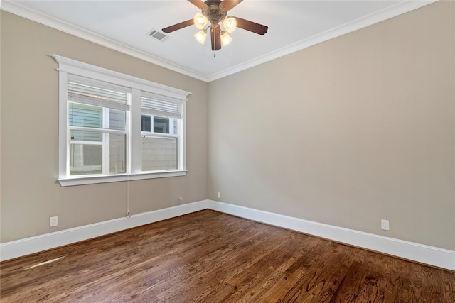 428 W 26th St, Houston, TX 77008 - empty room featuring dark wood-style flooring, baseboards, ceiling fan, and crown molding