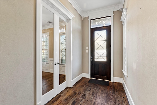 428 W 26th St, Houston, TX 77008 - entryway with french doors, crown molding, dark wood-style floors, baseboards, and plenty of natural light